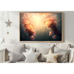 Ethereal Jellyfish Wall Art – Underwater Fantasy Scene with Glowing Light and Surreal Flow, Digital Ocean Print for Nature Dreamers