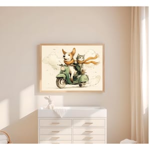 Beagle en kitten op scooter – grillige dierenduo rijdende kunstprint | Schattige hond kat kinderkamer muurdecoratie | Cadeau-idee digitale download