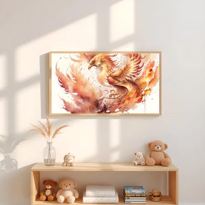 Phoenix Rising Wall Art – Fiery Watercolor Print of Mythical Bird in Flight, Symbol of Rebirth and Power for Fantasy & Boho Decor