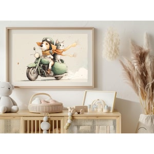 Kunstprint hond en kat op motorfiets – schattige beagle rijdt met katje in zijspan | Grappig dierenritdecor voor huisdier- en reisliefhebbers
