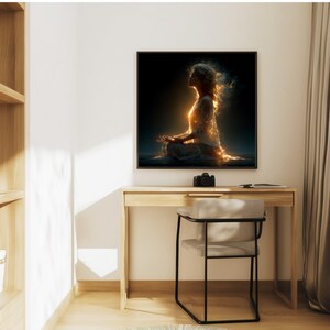 Luminous Meditation Woman Art Print – Radiant Female Silhouette in Golden Light, Spiritual Fantasy Portrait for Zen Wall Decor & Gifts 1
