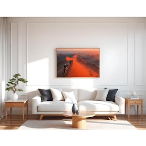 Sahara Desert Sunset 8K Wall Art – Camel Caravan on Fiery Dunes at Golden Hour, Majestic Desert Landscape Print for Travel & Home Decor