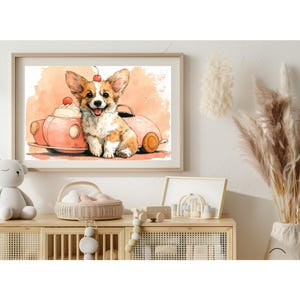 Corgi in a Teacup Car Watercolor Print – Cute Dog Driving Retro Pink Car with Dessert Whimsy | Playful Nursery or Dog Lover Wall Art 1