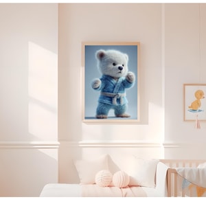 Baby Polar Bear Art Print – 8K Cartoon Martial Arts Poster in Blue Gi, Digital Nursery Wall Decor for Kids Room or Dojo