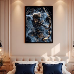 Arte mural del zodiaco Sagitario: Impresión de la constelación del Centauro Arquero Dorado, decoración del horóscopo ardiente y regalo astrológico para los amantes del zodiaco.