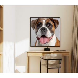 Portret psa boksera 8K w czerni i bieli – Ultrarealistyczne zbliżenie z wysuniętym językiem, zabawny nadruk ze zwierzętami | Studio Wall Art dla miłośników psów