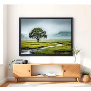 Lonely Oak Tree 8K Landscape Print – Serene Misty Valley with River and Mountains, Peaceful Digital Nature Art for Calm Wall Decor