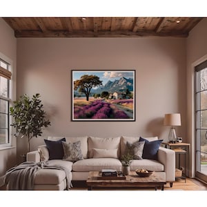 Provence Lavender Field 8K Wall Art – Rustic French Countryside House, Purple Bloom Path, Summer Mountain Landscape Digital Print