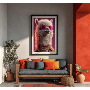 Trendy Llama Wall Art Print – Cool Llama in Sunglasses and Colorful Beads, Fun Animal Portrait for Unique Home Decor