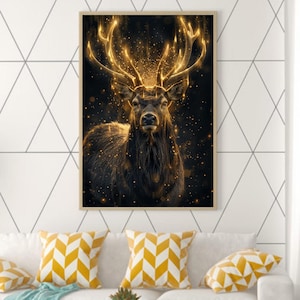 Golden Stag Wall Art – Majestic Deer Portrait with Glowing Antlers, Black & Gold Digital Print for Strength, Nature | Rustic Elegance 1