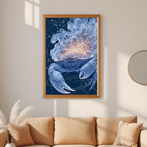 Cáncer, Cangrejo Cósmico del Zodíaco: Impresión artística celestial brillante de 8K con fondo de mapa estelar, arte mural astrológico místico para los amantes del signo Cáncer