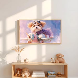 Fluffy Shih Tzu Puppy Flying Airplane Art Print – Pastel Sky Nursery Wall Decor | Cute Dog with Goggles & Scarf in Whimsical Flight