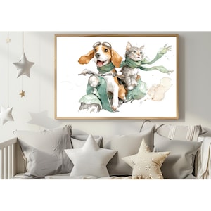 Kunstprint beagle en kat rijden scooter – Grillige hond rijden met kitten passagier | Speels dierendecor voor dierenliefhebbers en kinderen