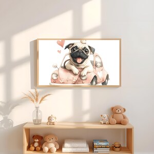 Pug Puppy in Pink Car Watercolor Print – Adorable Baby Pug with Bird and Hearts | Cute Dog Art for Nursery, Pet Lovers, and Kids’ Decor