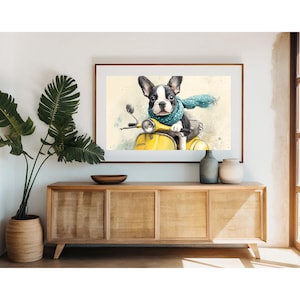 French Bulldog Puppy on Yellow Scooter Art Print – Cute Watercolor Dog in Polka Dot Scarf | Whimsical Nursery Decor for Pet Lovers