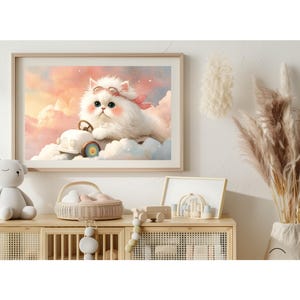 Fluffy White Kitten in Cloud Car Art Print – Dreamy Persian Cat with Big Blue Eyes & Goggles | Whimsical Nursery Decor for Cat Lovers