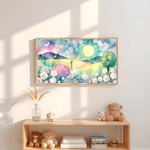 Dreamy Moonlit Garden Watercolor Print – Soft Pastel Landscape with Full Moon and Blossoms, Whimsical Night Sky Wall Art