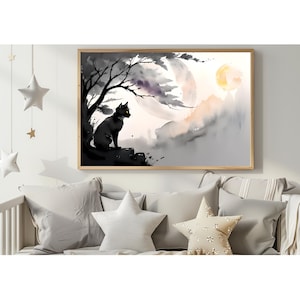Mystical Black Cat Under Full Moon – Gothic Watercolor Art Print for Witchy Decor, Halloween Vibes, and Celestial Fantasy Wall Style
