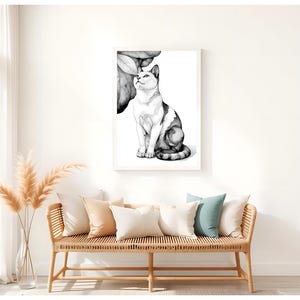 Minimalist Black and White Cat Art Print – Elegant Sitting Cat Illustration for Modern Pet Lovers and Neutral Aesthetic Wall Decor