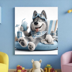 Husky 3D Cartoon Summer Art Print – Cute Dog Relaxing with Blue Drink, Playful Puppy Digital Wall Art for Pet Lovers