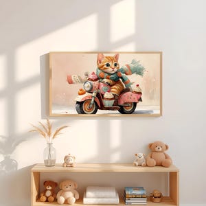 Orange Tabby Kitten on Cupcake Scooter – Whimsical Cat Riding Print | Sweet Nursery Art for Kids Room and Animal Lovers | Digital Download