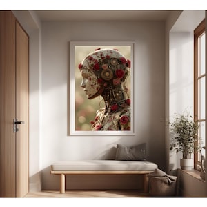 Impressão de retrato de Androide Rosa – Arte cibernética feminina futurista com ouro e rosas, decoração de parede romântica de ficção científica e fantasia
