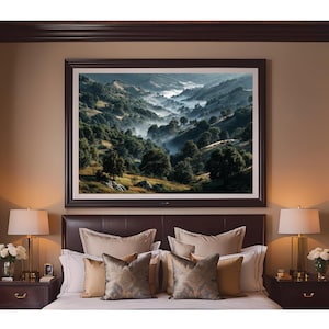 8K Misty Forest Hills Wall Art – Lush Green Valleys with Morning Fog and Light Rays, Dreamy Nature Landscape Print for Rustic Calm Spaces