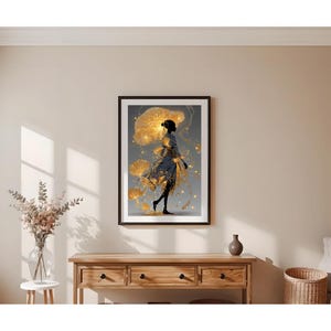 Golden Light Spirit Wall Art – Ethereal Dark-Skinned Silhouette Surrounded by Glowing Floral Energy, Fantasy Goddess Print