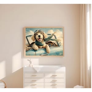 Golden Retriever Puppy in Vintage Car Art Print – Cute Dog with Goggles & Scarf | Whimsical Retro Ride Wall Decor for Pet Lovers
