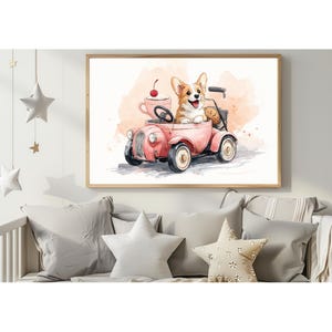 Corgi in a Teacup Car Watercolor Print – Cute Dog Driving Retro Pink Car with Dessert Whimsy | Playful Nursery or Dog Lover Wall Art