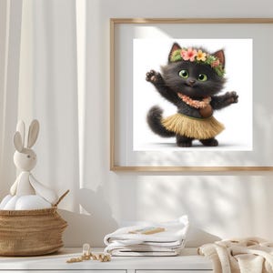 Hula Cat Art Print: Hawaiian Kitten Nursery Decor (Digital Download