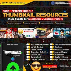 Puede incluir: Un gráfico promocional para un paquete de activos digitales, con el texto "THUMBNAIL RESOURCES" y "5500+ ASSETS BUNDLE". La imagen incluye varias miniaturas, iconos y una caja de producto etiquetada como "THUMBNAILS+".