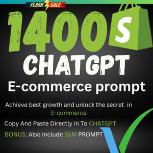 Może przedstawiać: Grafika promocyjna z tekstem "1400S CHATGPT E-commerce prompt". Obraz zawiera zieloną ikonę torby na zakupy i znacznik wyboru. Tekst promuje wzrost i odkrywanie tajemnic w e-commerce.