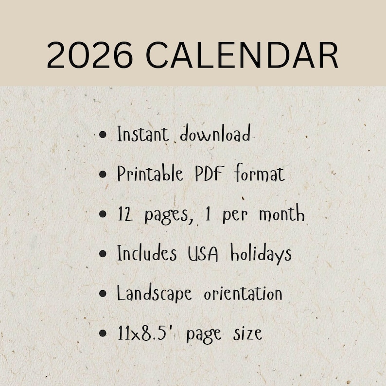 Printable Downloadable PDF 2026 Calendar With USA Holidays - Etsy