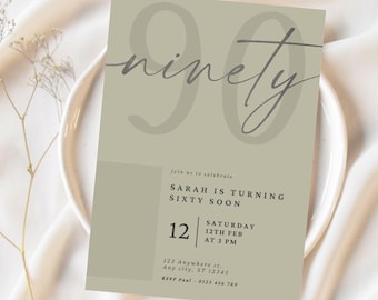 May include: A sage green birthday invitation with the word "ninety" in large, stylized font. The invitation includes details for Sarah's sixtieth birthday celebration, including the date, time, and location.