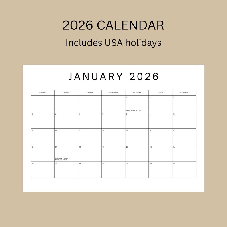 Printable Downloadable PDF 2026 Calendar With USA Holidays - Etsy