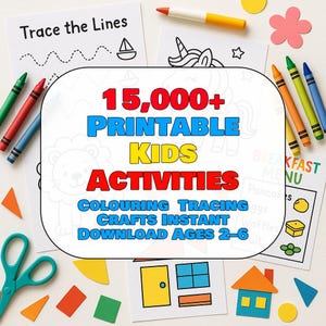 Può includere: Una raccolta di attività stampabili per bambini, tra cui pagine da colorare, esercizi di tracciamento e progetti di artigianato. L'immagine presenta pastelli, forbici e forme ritagliate, con il testo "15,000+ Printable Kids Activities, Ages 2-6."