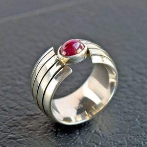 Heavy Ruby Silver Ring - Beautiful Minimalist Silver Ruby Ring - Unique Stylish Lined Statement Ring - Silver Ruby Banded Ring - Size 8 1/4