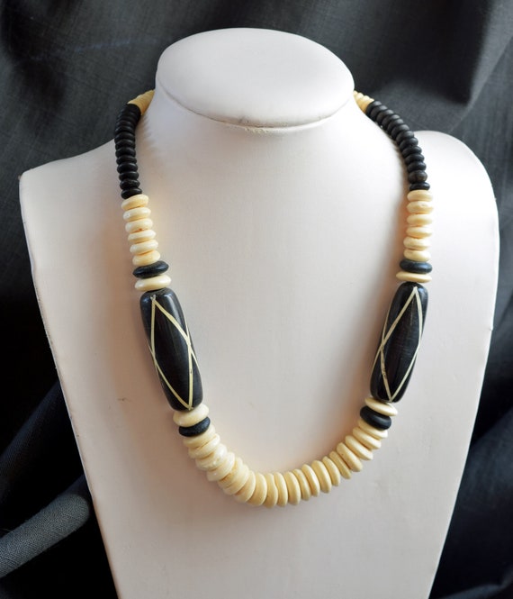 Artisan Inlaid Bead Necklace - Sculptural Wood Bon