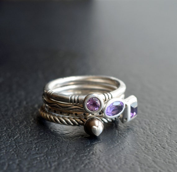 Silver Amethyst Pearl Stacking Rings - Silver Sta… - image 1