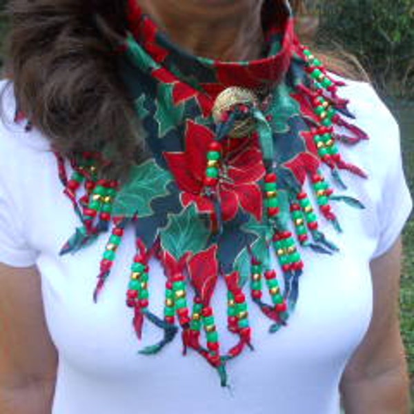 Bandanas, Christmas Poinsettias, Dk. Green, Neck Scarf, Wearable Art, Boho, Western Wear