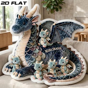 May include: A large, plush blue dragon pillow with a smaller dragon plush toy on top, and four smaller dragon plush toys around the base. The large pillow has the text "MAMA DRAGON". The smaller toys have names.