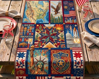 Personalized Celebrate 250 Years Of Freedom Table Runner, Custom Family Name USA 250th Anniversary Tablecloth, 4th Of July Patriotic Decor