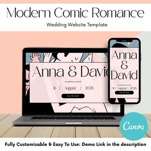 Pode incluir: Um laptop e um smartphone exibem um modelo de site de casamento com os nomes "Anna & David" e a data "31 de agosto de 2026". O design apresenta um estilo de quadrinhos moderno com um esquema de cores rosa e preto. O logotipo da Canva é visível.
