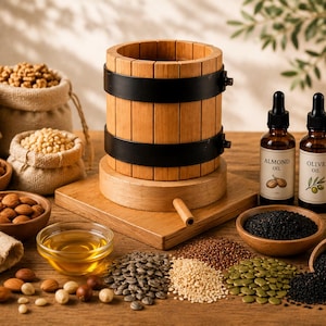 Könnte beinhalten: Eine Holzölpresse mit schwarzen Bändern, umgeben von Schalen und Säcken mit Nüssen und Samen. Drei Ölflaschen sind mit "Mandelöl", "Olivenöl" und "Schwarzkümmelöl" beschriftet. Eine kleine Schale Öl und verschiedene Samen sind ebenfalls vorhanden.