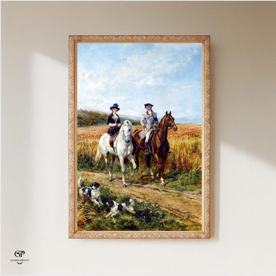 Antique Equestrian Couple and Hunting Dogs Oil Painting | Vintage Horse and Animal Art Print | Rustic Hunting Lodge Decor | Mailed Print