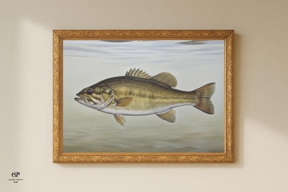 Vintage Bass Oil Painting | Antique Fishing Artwork | Lake House Fish Wall Decor | Mailed Print