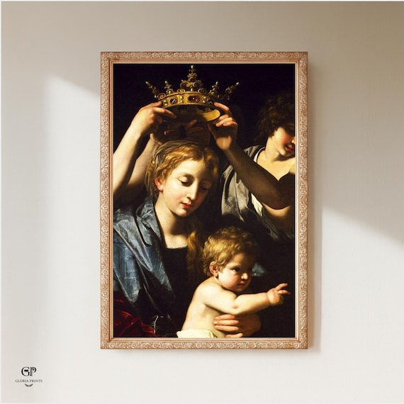 The Crown by Bartolomeo Cavarozzi 1620 Dark Academia Baroque Painting of Virgin Mary Being Crowned Aesthetic Art
