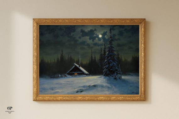 Vintage Winter Night Cabin Painting, Moonlit Snow Landscape Art Print
