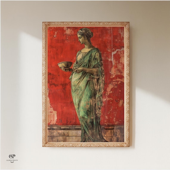 Roman Fresco Woman in Green Toga 1st Century AD Classical Antiquity Painting of Noble Figure on Red Wall Aesthetic Art